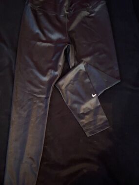 Nike Dri Fit Black Shiny Athletic Leggings with White Swoosh